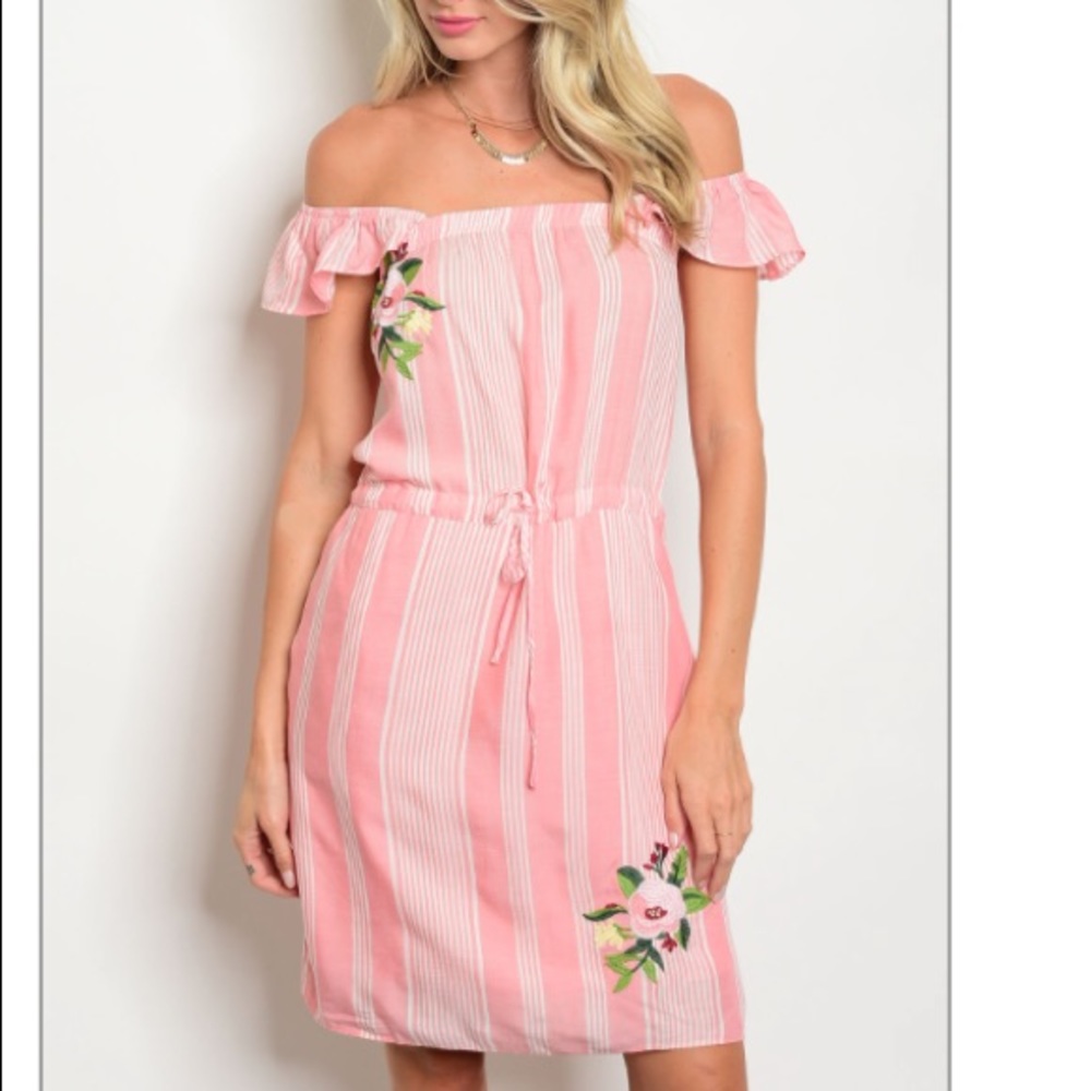 Pink & white Striped ruffle OTS tunic dress NEW! - Picture 1 of 8